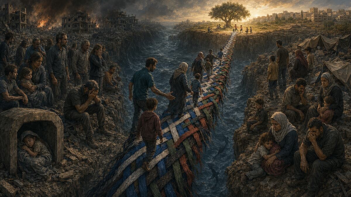 Israeli and Palestinian threads move from rockets and rubble through shared mourning, then weave into a sheltering bridge toward children and an olive tree at sunrise.